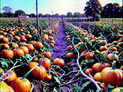 Corrupted photograph of pumpkin patch, data artifacts creating distorted faces
