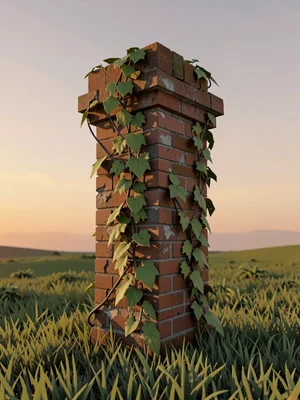 Single brick chimney standing alone in a green meadow with thick vines reaching