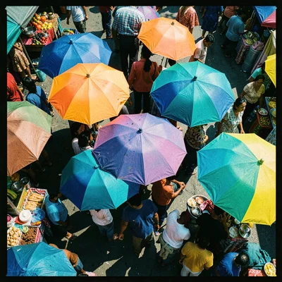 Cross-processed slide film photograph, Street market umbrellas seen from above, 