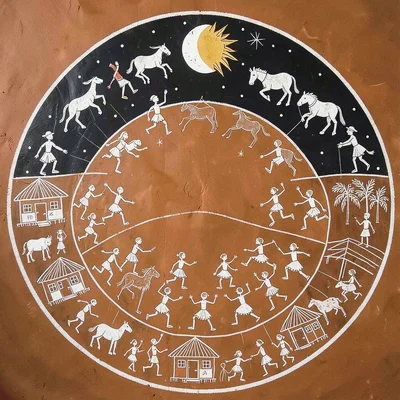 Night sky scene — figures, animals, and the sun/moon arranged in circular compos