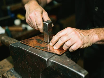 Hands hammering texture into a copper sheet on an anvil, patina visible