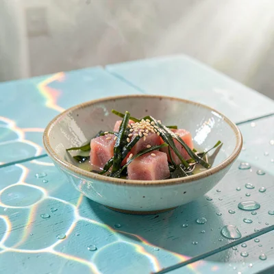 Soft diffused tropical light filtering through water vapor, A ceramic bowl of po