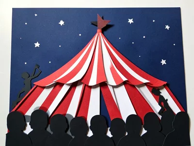 A circus tent scene: dark blue night sky with stars, striped tent peak in red an