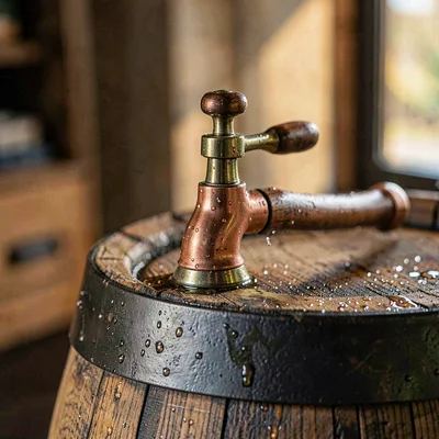 Close-up of a copper tap on an oak cask with condensation beading
