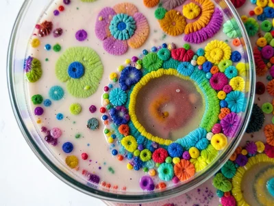 Bacterial colony edge at high magnification, individual cells visible at the fro