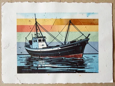 Fishing boat on a calm sea — hull, water line, and sky in three bold overlapping