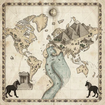 An Egyptian mythological world map showing the Nile threading through pyramids a