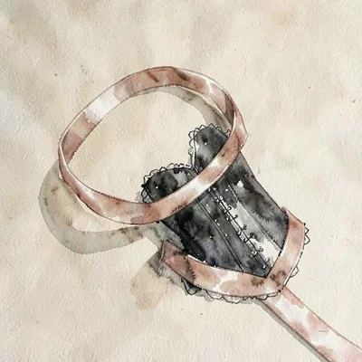 Suki-tanaka gouache hero of a corset and a satin ribbon coiled into a soft loop 