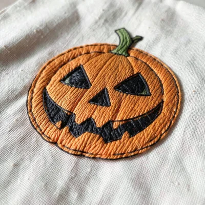 Embroidered jack-o-lantern face on orange fabric, black thread details