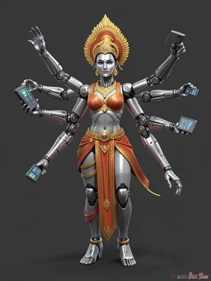 Goddess Durga rendered as android, multiple mechanical arms, each holding tech d
