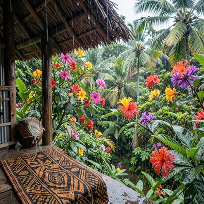 Open-air fale life in Samoa after rain, Tropical flowers intensely colored after