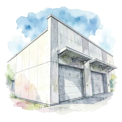 flex industrial building with tilt-up concrete walls and overhead doors