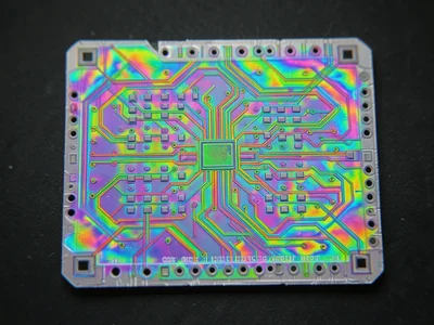 Chip packaging substrate, complex multi-layer routing visible through translucen