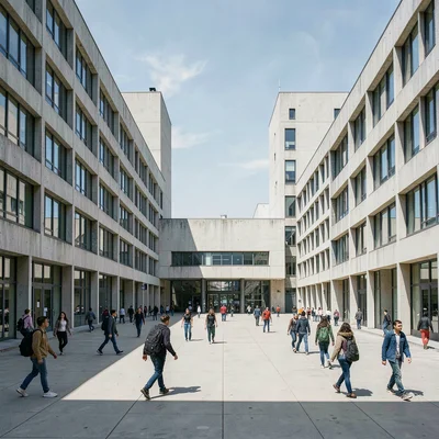 Planned city photography, modernist urbanism, A university campus in a planned c