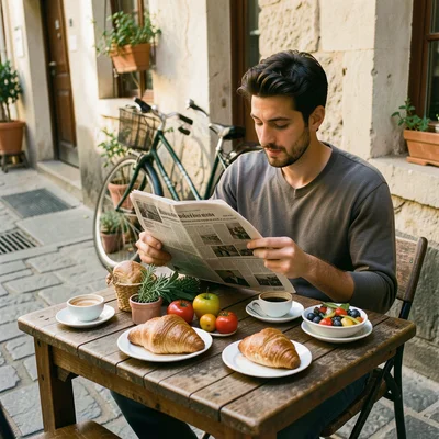 Person reading newspaper at sidewalk cafe, espresso and croissant, bicycle leane