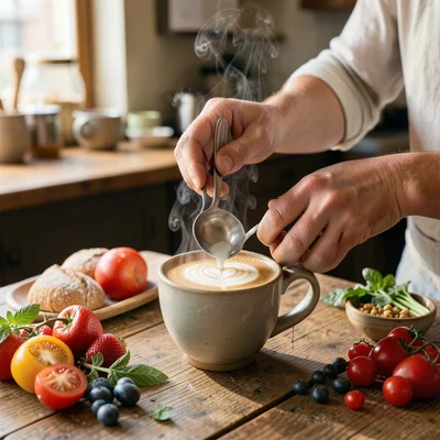 Hands pouring latte art in ceramic mug, steam rising, bakery counter background