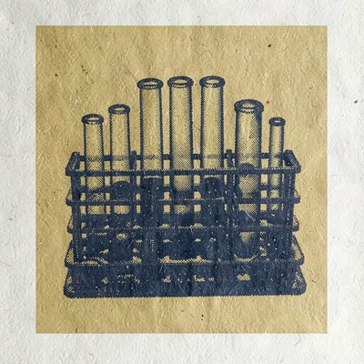Bram-screenpress poster motif of a halftone test tube rack in mustard and indigo