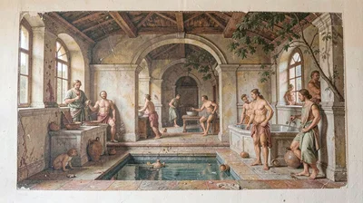 Fresco-style illustration, ancient bathhouse scene , painted into wet plaster, p