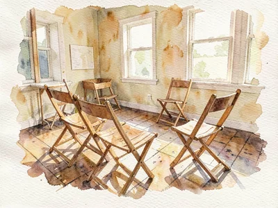 Painterly watercolor of a shared community room with folding chairs, soft pigmen