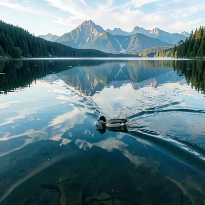 Finnish lake mirror, dead-calm reflection, Loon swimming on glassy lake, wake th