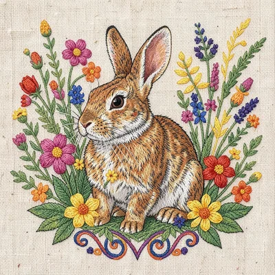 Otomi Tenango embroidery illustration, a rabbit surrounded by wildflowers and he