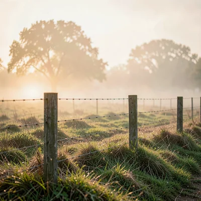 atmospheric cross-country fence with morning mist