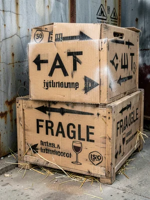 A stack of wooden crates stamped with directional arrows, the word FRAGILE in th