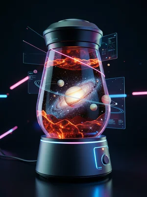 Lava lamp containing actual miniature galaxy with orbiting planets