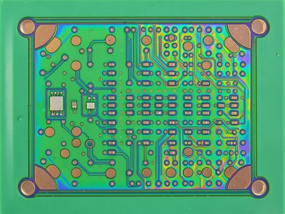 Circuit board solder mask texture, smooth green epoxy surface with copper pad ci