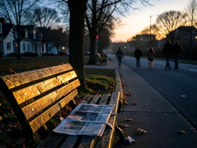 Park bench in golden light with discarded Sunday newspaper, dog walkers heading 