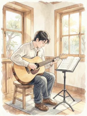 Musician practicing guitar in a sunlit room, sheet music on a stand, warm aftern