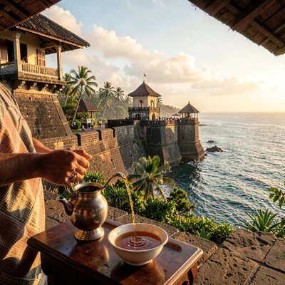 Galle fort golden hour, Dutch colonial tropical, Tea being poured from silver po