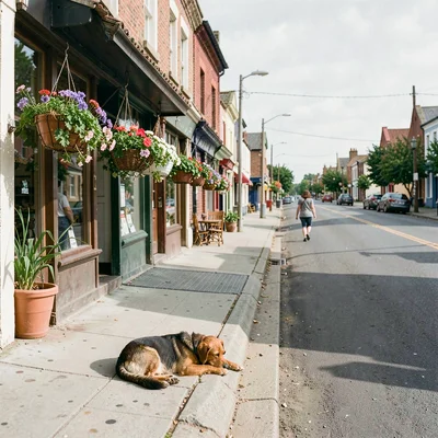 Quiet small town photography, contemplative scene, A main street of a small town