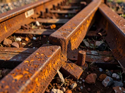 Abandoned railroad track, rust covering rails and spikes, infrastructure returni
