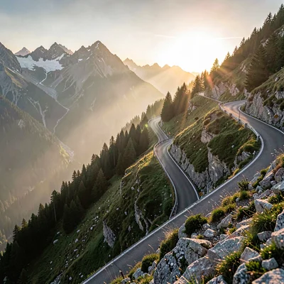 Vertical atmospheric scene of a steep alpine climb at sunrise, road snaking up