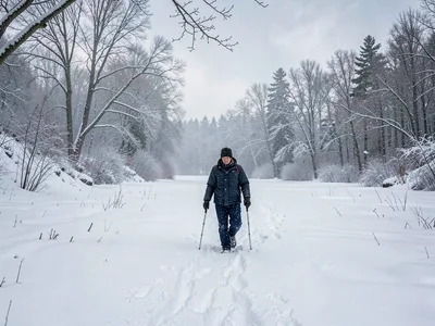 Figure walking snow field