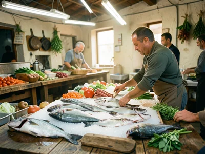 Fish market vendor arranging whole fish on ice display, early morning, fluoresce