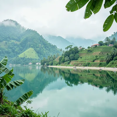 Emerald green hills through morning mist in Kigali, Rwanda, Lake Kivu shore, cle