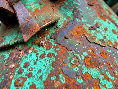 Antique brass sleigh bells with green verdigris patina, leather strap