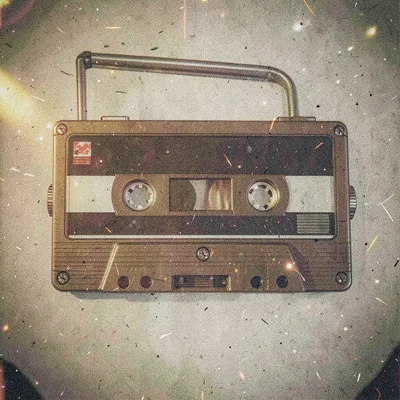 Grainy digital illustration, cassette tape and walkman , film grain texture over
