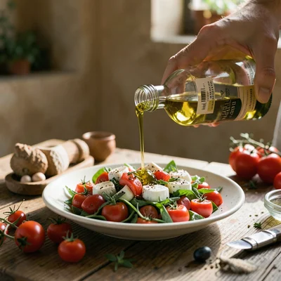 Person pouring golden olive oil from a bottle onto a fresh caprese salad