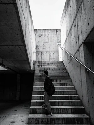 Brutalist staircase with single figure ascending, concrete rhythm interrupted