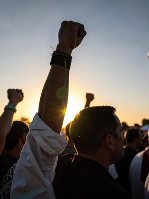Protester raising fist against setting sun, rim light catching raised arm and pr