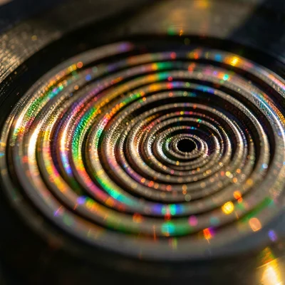 Vinyl record grooves extreme macro, summer light catching prismatic reflections
