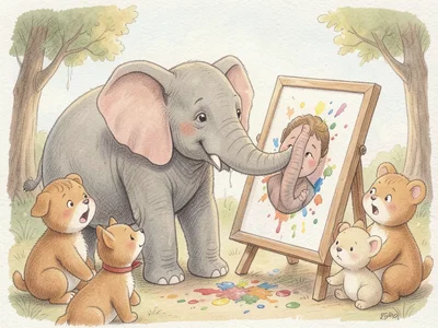 An elephant painting a self-portrait with its trunk, paint splattered everywhere