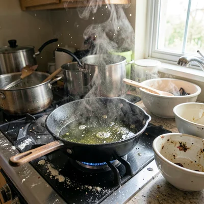 Cast iron skillet with sizzling oil droplets airborne