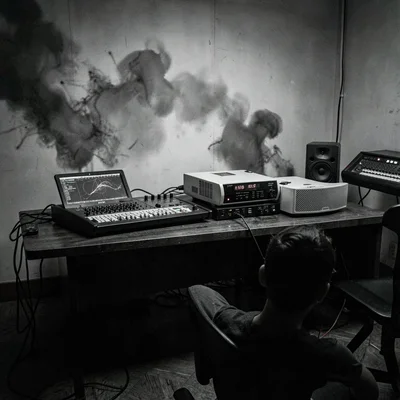 Charcoal editorial study of a teaching studio with a console and projector, smud