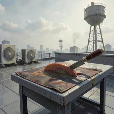Atmospheric scene of a cutting table with a head-knife mid-cut on a leather pane