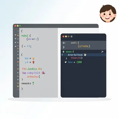 Flat UI illustration of a code editor split-pane with abstract syntax blocks, a