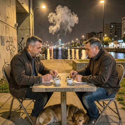 Belgrade brutalist night and Danube reflections, Two men sitting at outdoor tabl